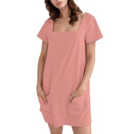 Women Fashion Casual Solid Color Square Neck Short Sleeve Loose Dress
