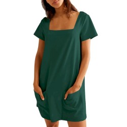Women Fashion Casual Solid Color Square Neck Short Sleeve Loose Dress