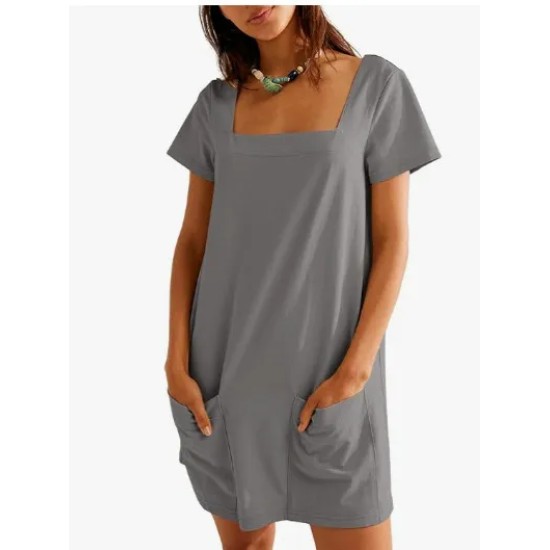 Women Fashion Casual Solid Color Square Neck Short Sleeve Loose Dress Women Fashion Casual Solid Color Square Neck Short Sleeve Loose Dress