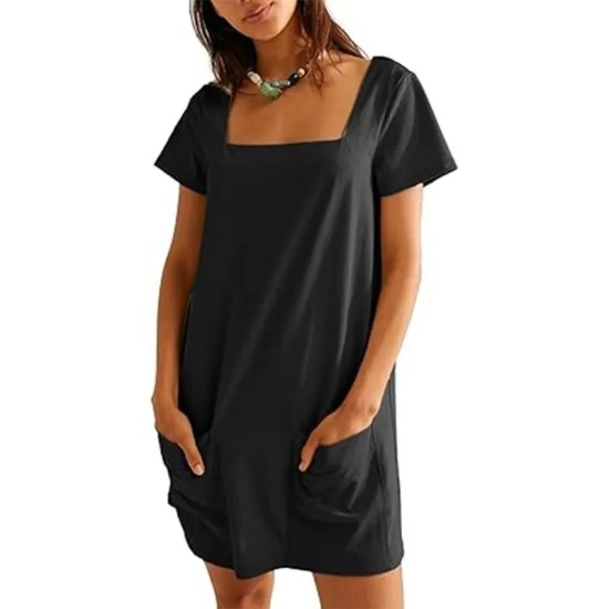 Women Fashion Casual Solid Color Square Neck Short Sleeve Loose Dress Women Fashion Casual Solid Color Square Neck Short Sleeve Loose Dress