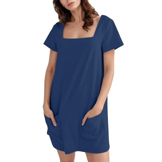 Women Fashion Casual Solid Color Square Neck Short Sleeve Loose Dress Women Fashion Casual Solid Color Square Neck Short Sleeve Loose Dress
