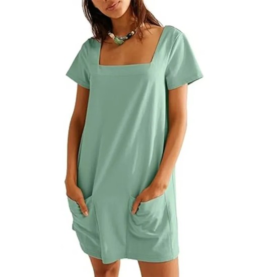 Women Fashion Casual Solid Color Square Neck Short Sleeve Loose Dress Women Fashion Casual Solid Color Square Neck Short Sleeve Loose Dress