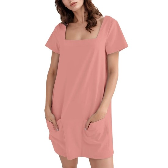 Women Fashion Casual Solid Color Square Neck Short Sleeve Loose Dress Women Fashion Casual Solid Color Square Neck Short Sleeve Loose Dress