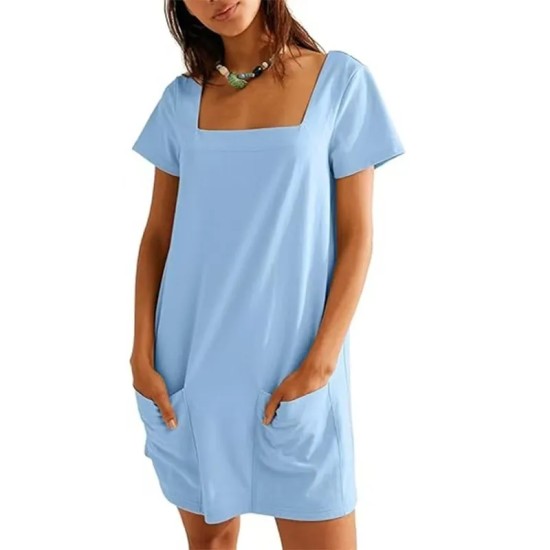Women Fashion Casual Solid Color Square Neck Short Sleeve Loose Dress Women Fashion Casual Solid Color Square Neck Short Sleeve Loose Dress