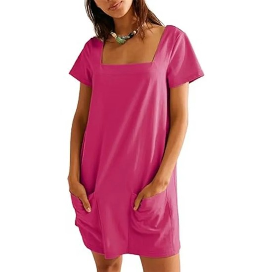 Women Fashion Casual Solid Color Square Neck Short Sleeve Loose Dress Women Fashion Casual Solid Color Square Neck Short Sleeve Loose Dress