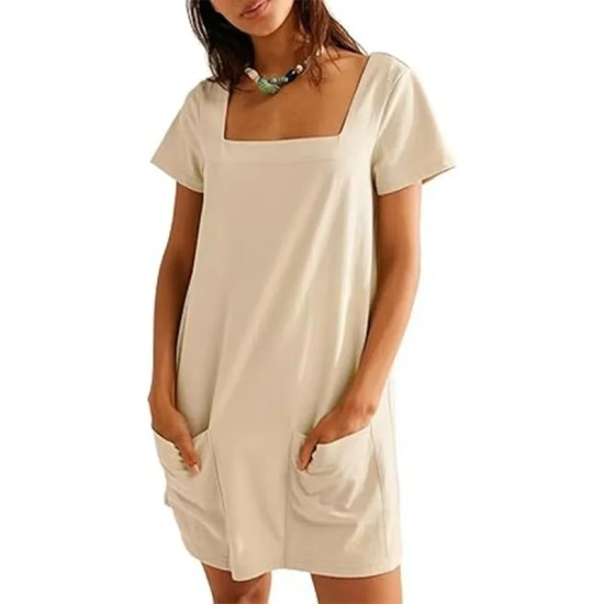Women Fashion Casual Solid Color Square Neck Short Sleeve Loose Dress Women Fashion Casual Solid Color Square Neck Short Sleeve Loose Dress