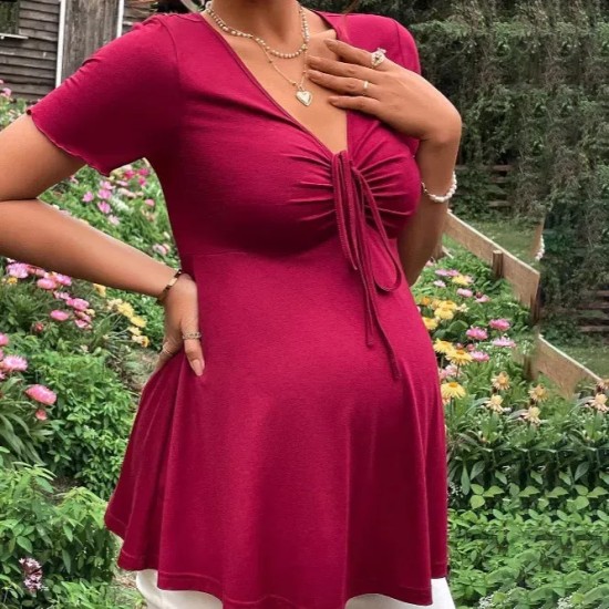 Pregnant Women Casual Solid Color V-Neck Short Sleeve Drawstring Dress Pregnant Women Casual Solid Color V-Neck Short Sleeve Drawstring Dress