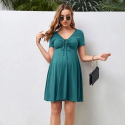 Pregnant Women Casual Solid Color V-Neck Short Sleeve Drawstring Dress