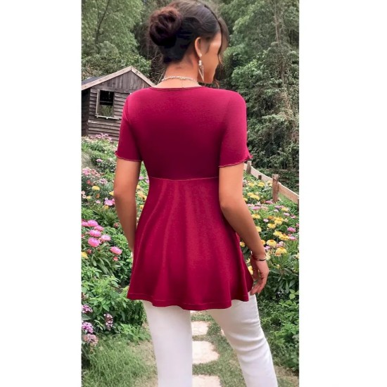 Pregnant Women Casual Solid Color V-Neck Short Sleeve Drawstring Dress Pregnant Women Casual Solid Color V-Neck Short Sleeve Drawstring Dress