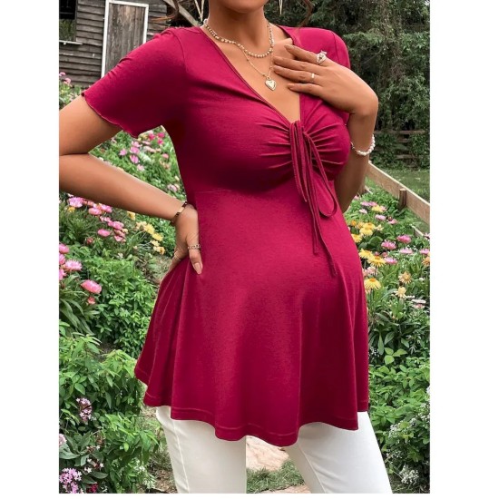 Pregnant Women Casual Solid Color V-Neck Short Sleeve Drawstring Dress Pregnant Women Casual Solid Color V-Neck Short Sleeve Drawstring Dress