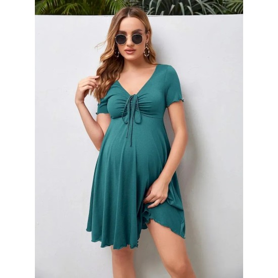 Pregnant Women Casual Solid Color V-Neck Short Sleeve Drawstring Dress Pregnant Women Casual Solid Color V-Neck Short Sleeve Drawstring Dress