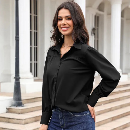 Women Elegant Solid Color Lapel Long Sleeve Blouses Women Elegant Solid Color Lapel Long Sleeve Blouses