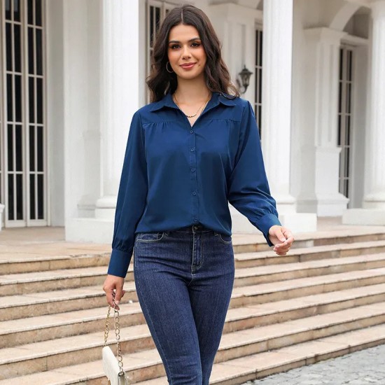 Women Elegant Solid Color Lapel Long Sleeve Blouses Women Elegant Solid Color Lapel Long Sleeve Blouses