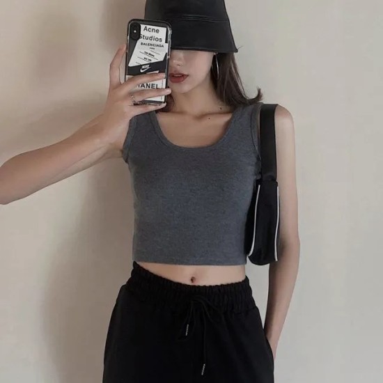 Women Edgy Cheap Basic High-waisted Solid Color Backless Crop Tank Top Women Edgy Cheap Basic High-waisted Solid Color Backless Crop Tank Top