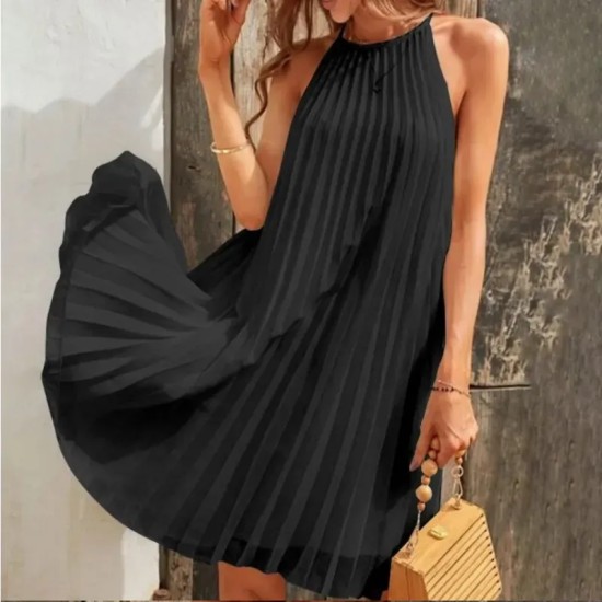 Women Fashion Elegant Solid Color Round Neck Sleeveless Pleated Dress Women Fashion Elegant Solid Color Round Neck Sleeveless Pleated Dress