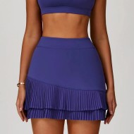 Women Fashion Casual Solid Color High Waist Pleated Pocket Sports Skirt