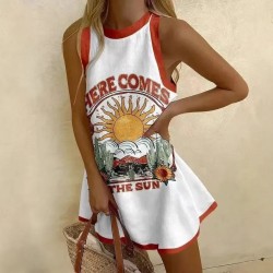 Summer Vacation Women Round Neck Sleeveless Casual Printed Dress