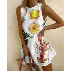 Summer Vacation Women Round Neck Sleeveless Casual Printed Dress