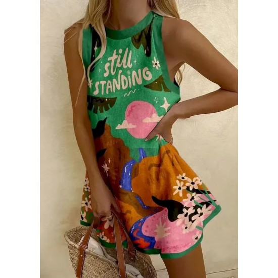 Summer Vacation Women Round Neck Sleeveless Casual Printed Dress Summer Vacation Women Round Neck Sleeveless Casual Printed Dress
