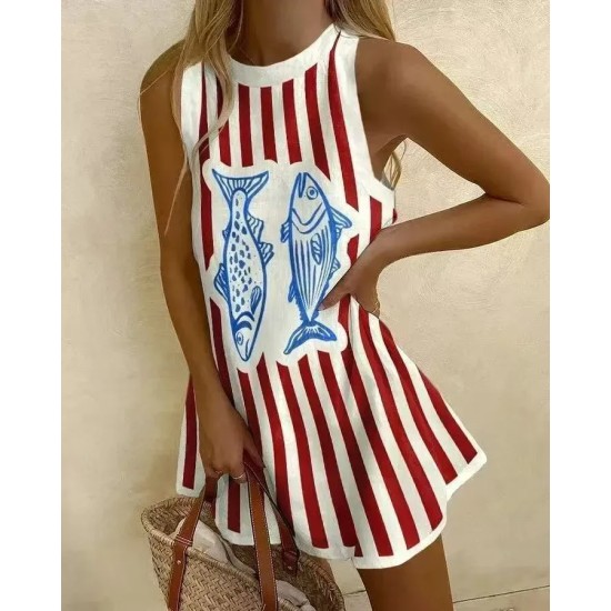 Summer Vacation Women Round Neck Sleeveless Casual Printed Dress Summer Vacation Women Round Neck Sleeveless Casual Printed Dress