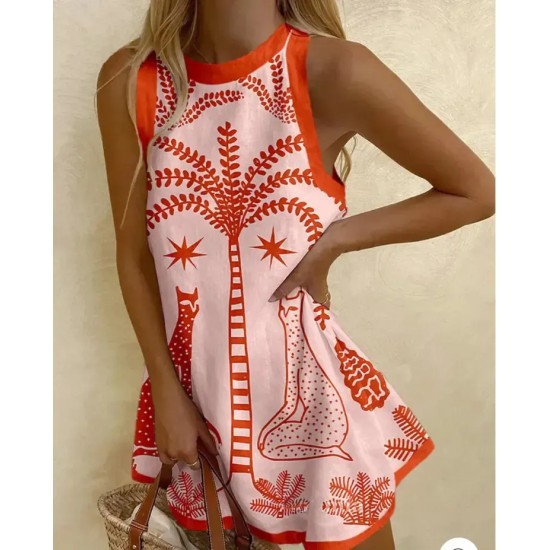 Summer Vacation Women Round Neck Sleeveless Casual Printed Dress Summer Vacation Women Round Neck Sleeveless Casual Printed Dress