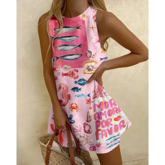 Summer Vacation Women Round Neck Sleeveless Casual Printed Dress Summer Vacation Women Round Neck Sleeveless Casual Printed Dress