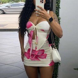 Summer Women Sexy Floral Printed Lace-Up Strapless Tube Top Slim-Fit Mini Skirt Set