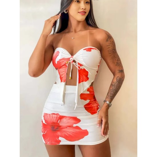 Summer Women Sexy Floral Printed Lace-Up Strapless Tube Top Slim-Fit Mini Skirt Set Summer Women Sexy Floral Printed Lace-Up Strapless Tube Top Slim-Fit Mini Skirt Set