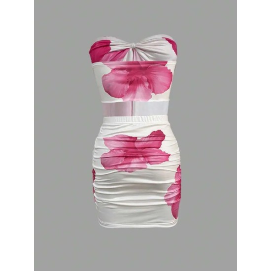 Summer Women Sexy Floral Printed Lace-Up Strapless Tube Top Slim-Fit Mini Skirt Set Summer Women Sexy Floral Printed Lace-Up Strapless Tube Top Slim-Fit Mini Skirt Set