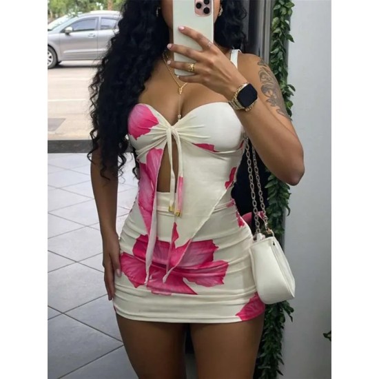 Summer Women Sexy Floral Printed Lace-Up Strapless Tube Top Slim-Fit Mini Skirt Set Summer Women Sexy Floral Printed Lace-Up Strapless Tube Top Slim-Fit Mini Skirt Set