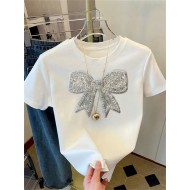 Summer Women Fashion Casual Loose Round Neck Bow Print Short Sleeve T-Shirt