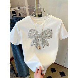 Summer Women Fashion Casual Loose Round Neck Bow Print Short Sleeve T-Shirt