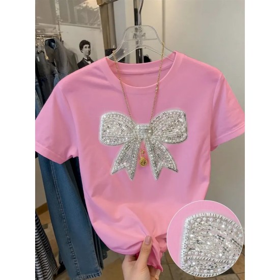 Summer Women Fashion Casual Loose Round Neck Bow Print Short Sleeve T-Shirt Summer Women Fashion Casual Loose Round Neck Bow Print Short Sleeve T-Shirt