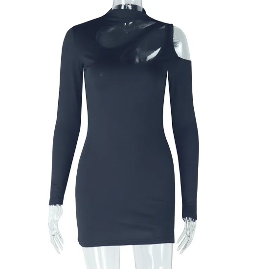 Women Fashion Sexy Solid Color Hollow-Out Round Neck Long Sleeve Tight Dress Women Fashion Sexy Solid Color Hollow-Out Round Neck Long Sleeve Tight Dress