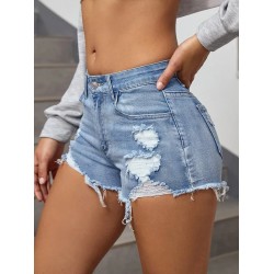 Women Fashion Ripped Raw Hem Denim Shorts