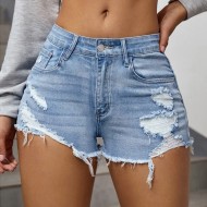 Women Fashion Ripped Raw Hem Denim Shorts