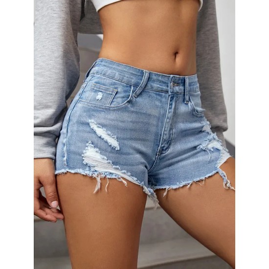 Women Fashion Ripped Raw Hem Denim Shorts Women Fashion Ripped Raw Hem Denim Shorts