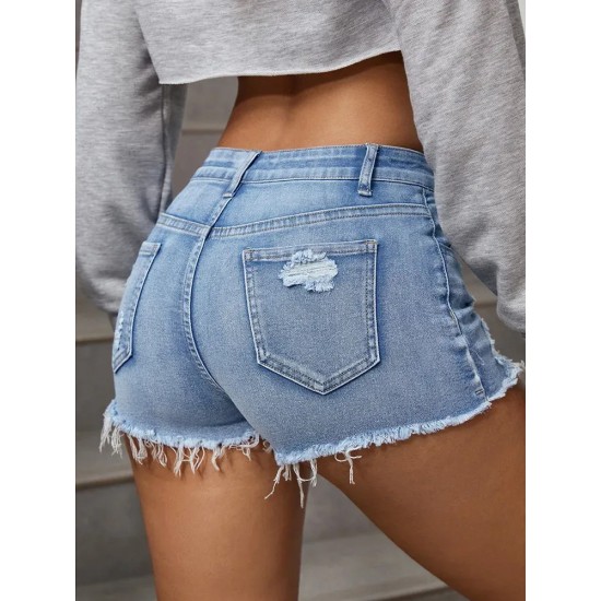 Women Fashion Ripped Raw Hem Denim Shorts Women Fashion Ripped Raw Hem Denim Shorts
