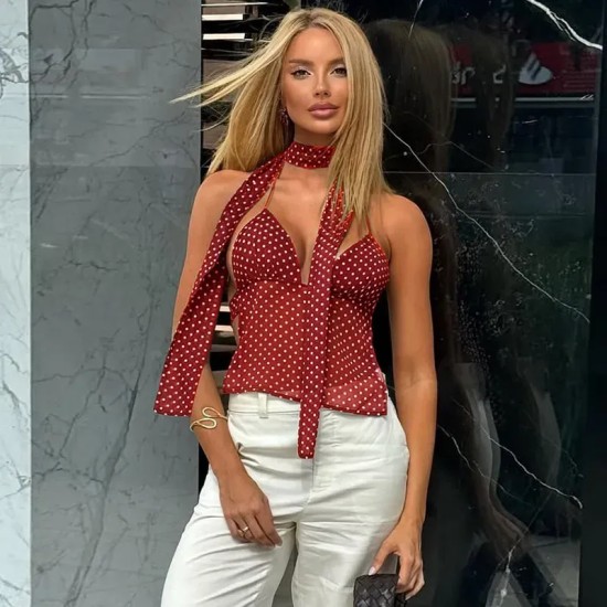 Women Sexy Polo Dot Print Deep V Lace-Up Crop Top Women Sexy Polo Dot Print Deep V Lace-Up Crop Top