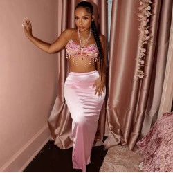 Women Summer Solid Color Satin Slim-Fit Skirt