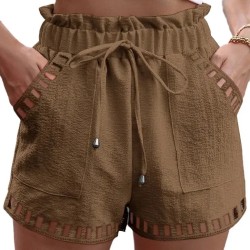Women Casual Summer Cotton And Linen Solid Color Hollow Hem Shorts