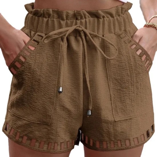 Women Casual Summer Cotton And Linen Solid Color Hollow Hem Shorts Women Casual Summer Cotton And Linen Solid Color Hollow Hem Shorts