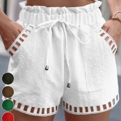 Women Casual Summer Cotton And Linen Solid Color Hollow Hem Shorts