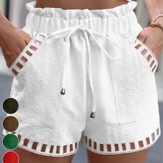 Women Casual Summer Cotton And Linen Solid Color Hollow Hem Shorts Women Casual Summer Cotton And Linen Solid Color Hollow Hem Shorts