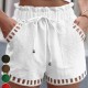 Women Casual Summer Cotton And Linen Solid Color Hollow Hem Shorts Women Casual Summer Cotton And Linen Solid Color Hollow Hem Shorts