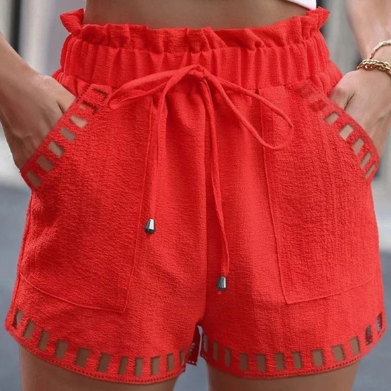 Women Casual Summer Cotton And Linen Solid Color Hollow Hem Shorts Women Casual Summer Cotton And Linen Solid Color Hollow Hem Shorts
