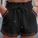 Women Casual Summer Cotton And Linen Solid Color Hollow Hem Shorts Women Casual Summer Cotton And Linen Solid Color Hollow Hem Shorts