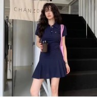 Women Fashion Casual Solid Color Embroidered Lapel Short-Sleeve Pleated Dress