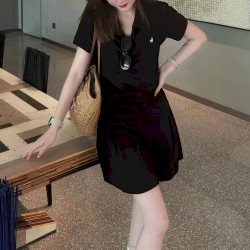Women Fashion Casual Solid Color Embroidered Lapel Short-Sleeve Pleated Dress