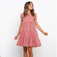 Women Fashion Causal Plaid Printed Sleeveless Loose Dress